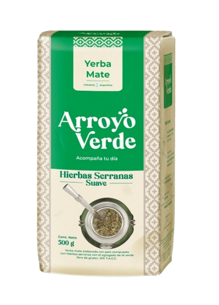 Arroyo Verde Yerba Mate Hierbas Serranas con Palo Yerba Mate Serrano Herbs with Stick & Green Tea, 500 g / 17.63 oz