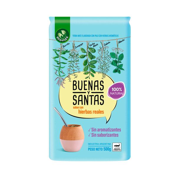 Buenas & Santas Yerba Mate with Aromatic Herbs con Hierbas Aromáticas, 500 g / 17.63 oz