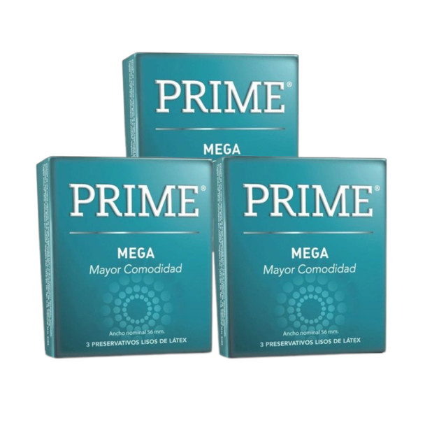 Prime Mega Smooth Latex Condoms Greater Comfort Mayor Comodidad, 3 boxes with 3 condoms ea (9 count)