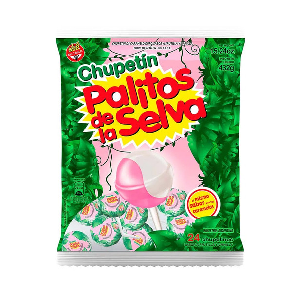 Palitos de la Selva Fruit & Vanilla Lollipops - Irresistible Flavor Chupetines Sabor a Frutilla y Vainilla, 432 g / 15.2 oz (24 count)