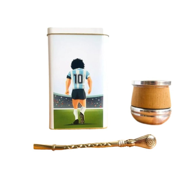 Maradona Mate Set Yerba Bowl with Bombilla Straw & Wooden Mate 3-Piece Kit Yerbero de Lata con Bombilla y Mate