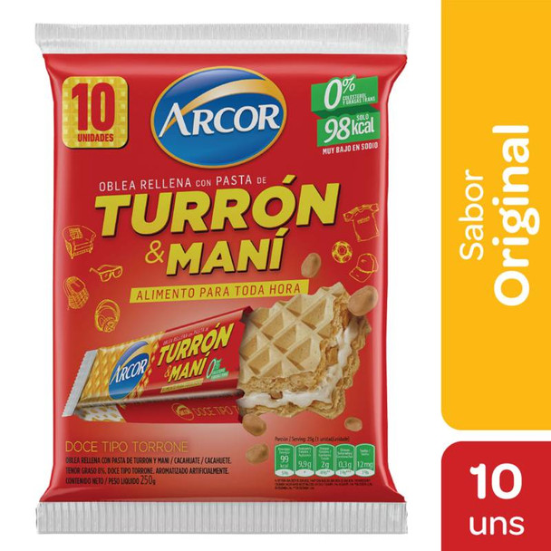 Turrón & Maní Arcor 10-Piece Bar Pack with Hard Peanut Cream and Biscuit, 25 g / 0.81 oz (10 units)