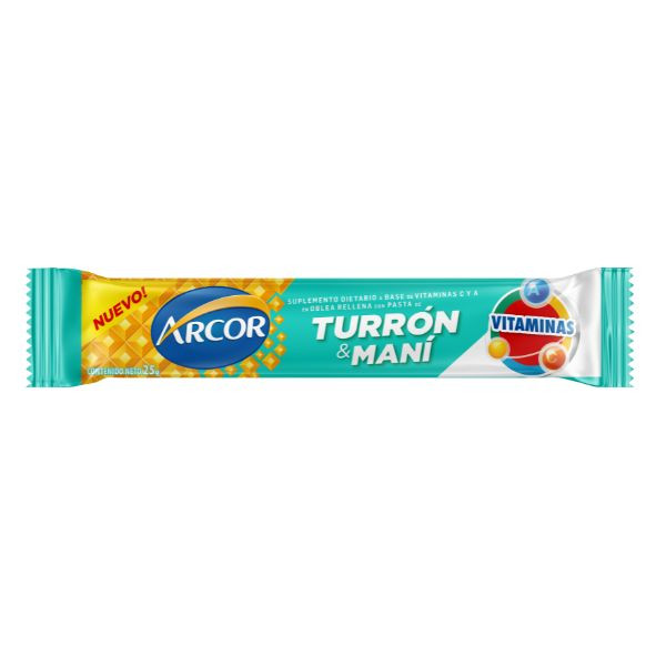 Turrón & Maní Arcor Vitaminas Snack Bar with Hard Peanut Cream and Biscuit with Vitamins, 25 g / 0.81 oz (pack of 6)