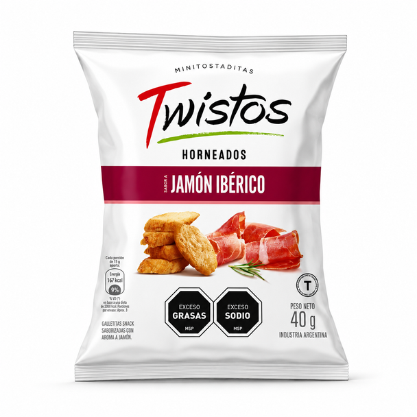 Twistos Baked Minitoasts - Iberian Ham Flavor Snack Horneados Sabor Jamón Ibérico from Uruguay, 40g / 1.41 oz