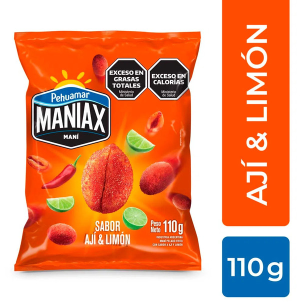 Pehuamar Maniax Spicy Lemon-Flavored Peeled Peanuts Maní Pelado Sabor Ají & Limón, 110 g / 3.88 oz