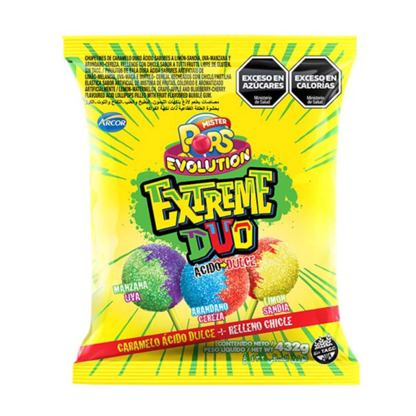 Mister Pops Evolution Extreme DUO: Tangy Lollipops with Chewy Bubblegum Center, 432 g / 15.24 oz