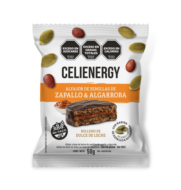 Celienergy Alfajores de Semillas Milk Chocolate Alfajor with Dulce de Leche & Pumpkin and Carob seeds - Gluten Free, 50 g / 1.76 oz ea (pack of 6 alfajores)