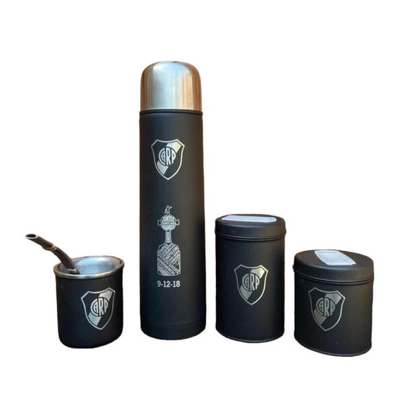Complete Mate Set with Thermos, Yerba Mate, Sugar Holder - River Plate Design Engraved Kit