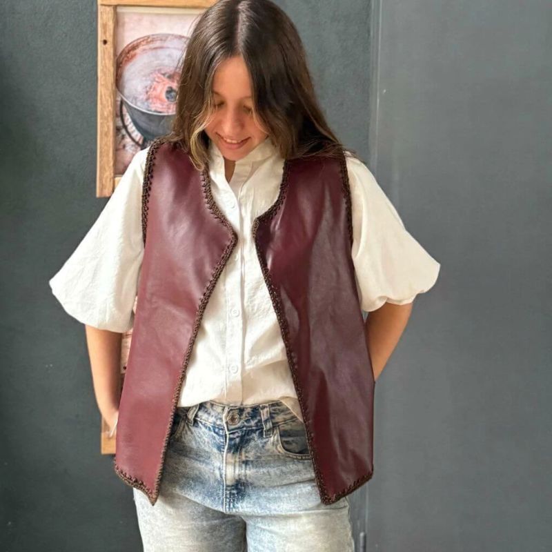 Roble Handmade Leather & Knit Vest One Size Dark Brown by Espacio
