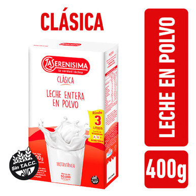 Leche Entera En Polvo Zero Lactosa La Serenísima Powdered Zero Lactose  Milk, Gluten Free 400 g / 14.1 oz for 3 lts