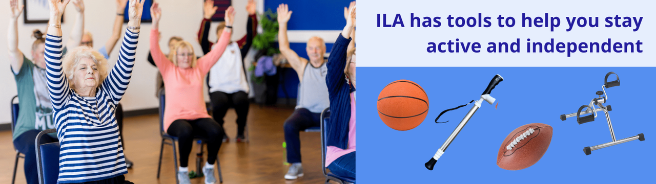 Older adults in a group fitness class performing seated arm exercises, with images of adaptive equipment including a reacher, pedal exerciser, and sports balls to support staying active and independent.