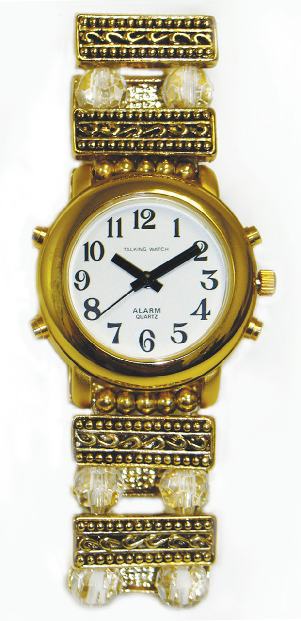 Ladies Talking Watch w/ Gold Tone Case Beaded Band, 1 Button