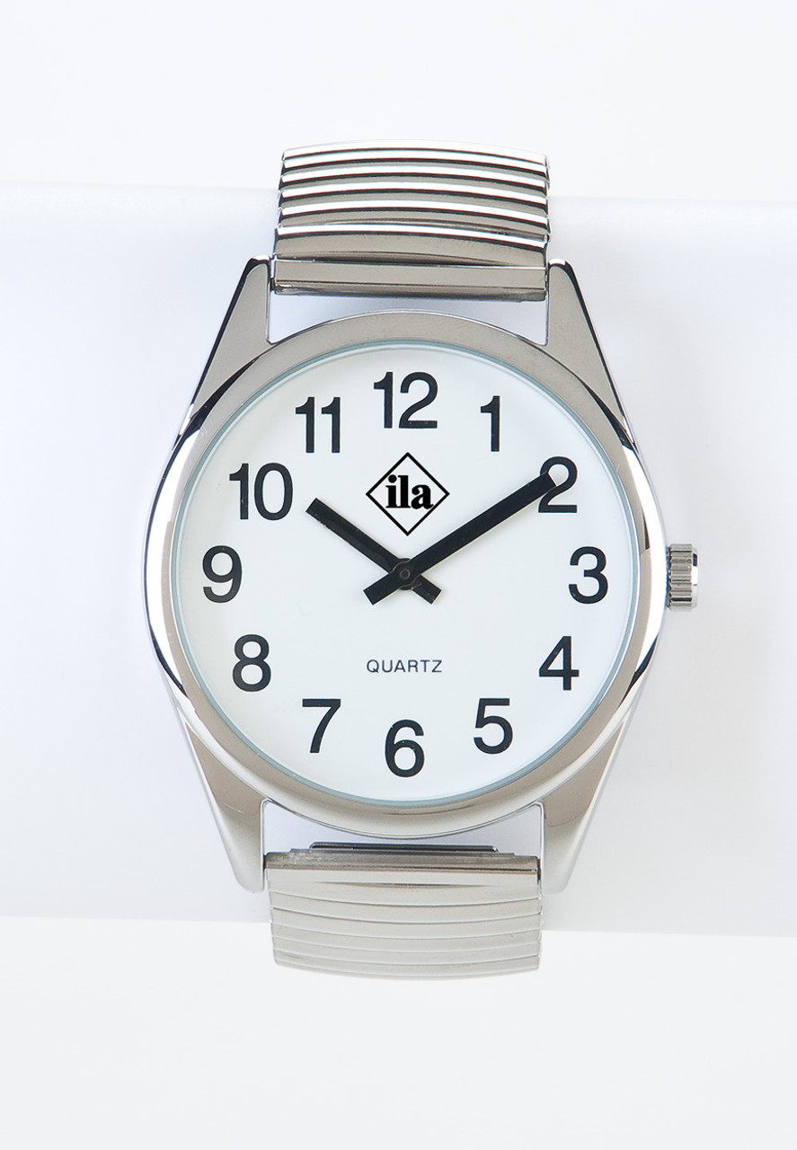 Low Vision Silver Tone Watch with White Face and Expansion Band