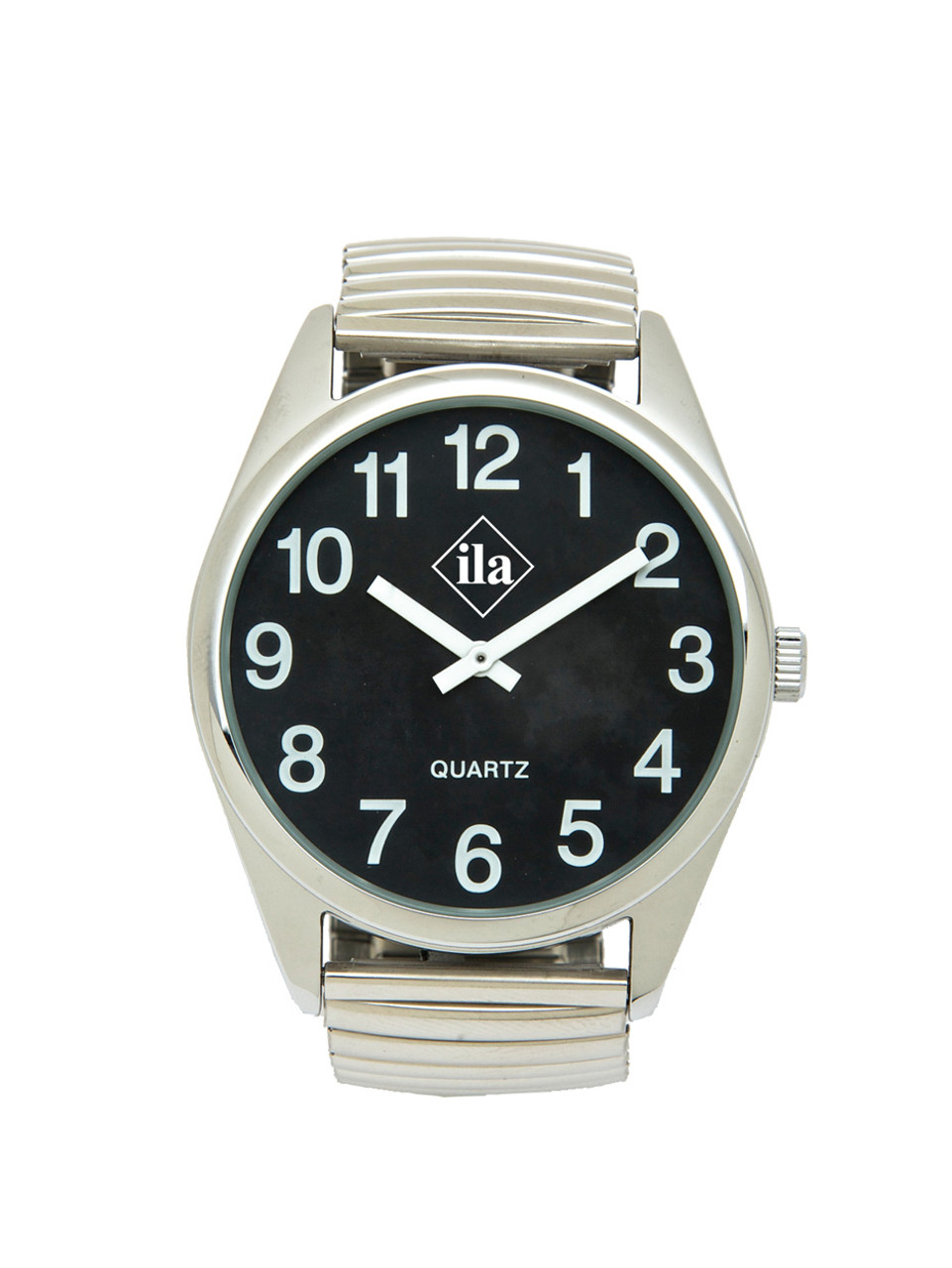 Low Vision Silver Tone Watch with Black Face and Expansion Band