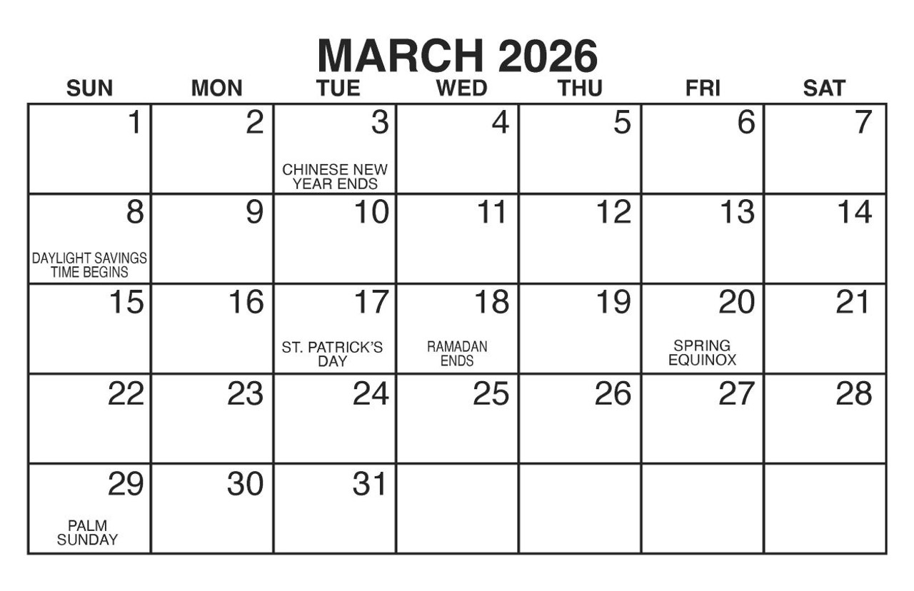 Image: 2026 large print calendar, inside page