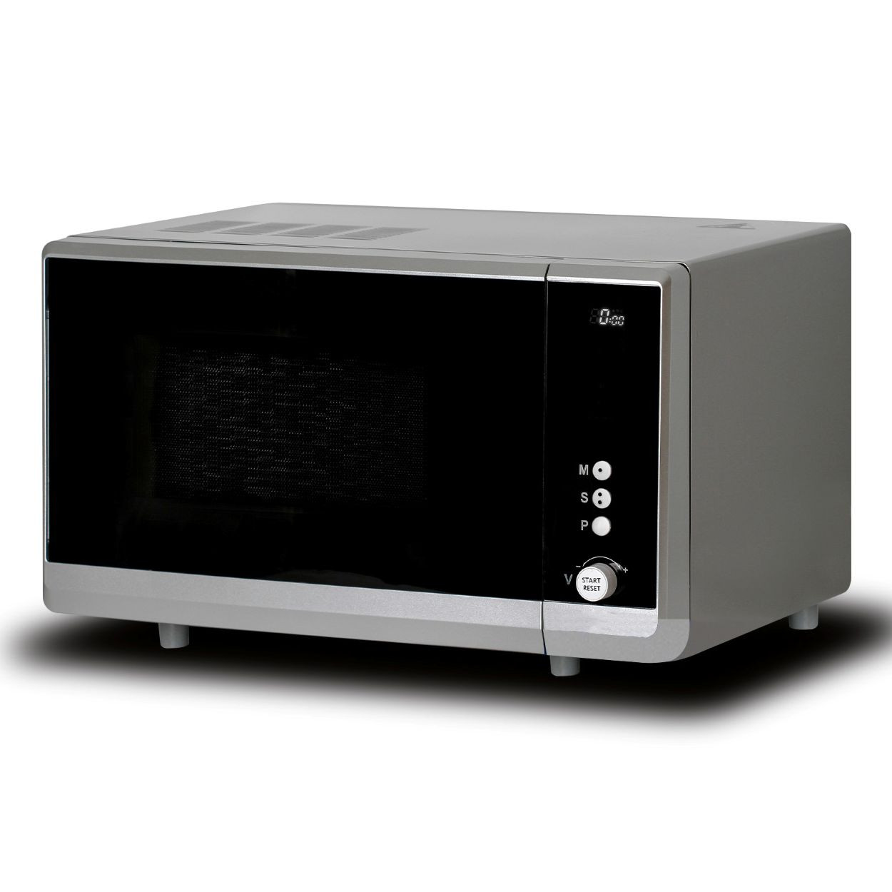 Image: simple talking microwave with black front and stainless steel case