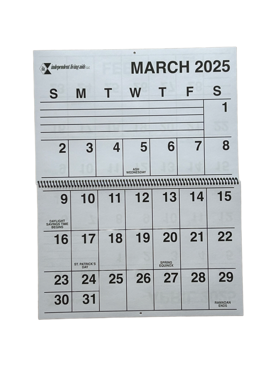 Jumbo Print Wall Calendar - 2 Pages Per month | Independent Living Aids jumbo-print-wall-calendar-2-pages-per-month-independent-living-aids