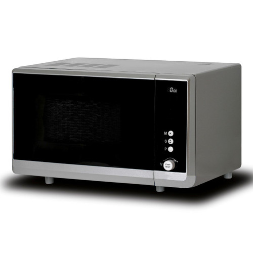 Simple talking microwave with black front and stainless steel case