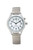 Image: talking watch with white face, silver case and silver flex band
