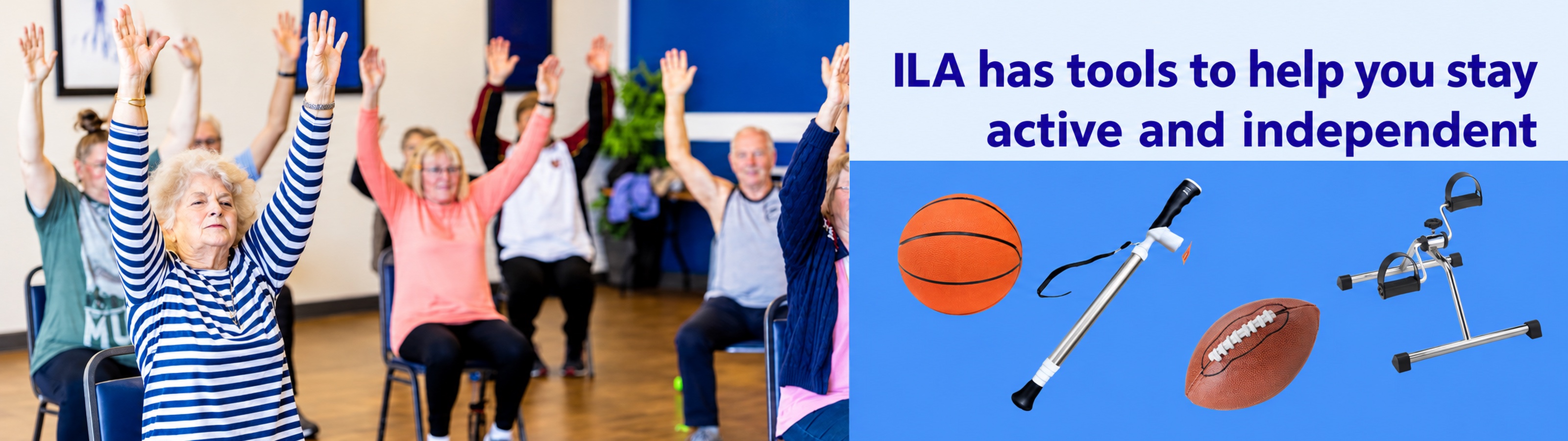 Older adults in a group fitness class performing seated arm exercises, with images of adaptive equipment including a reacher, pedal exerciser, and sports balls to support staying active and independent.
