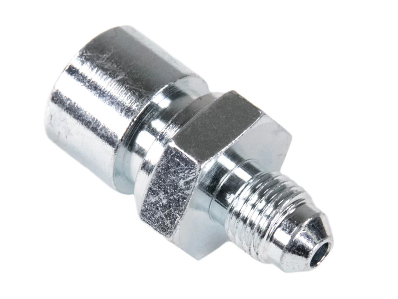 Brake Hardline Fitting, Male -3 AN to Female 10mm x 1.0 in. female inverted flare, Steel, Zinc Plated, Each 650202 Fragola