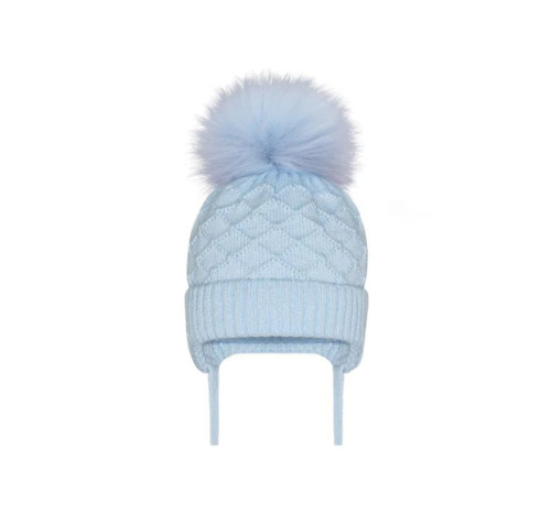 Kinder Boutique Blue Large Pom Fax Fur Honeycomb Tie Hat AX321B