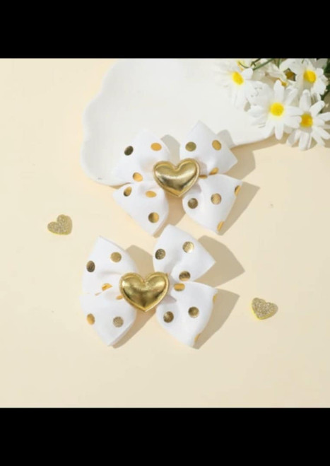 Handmade White Bow Clip with Gold Polkadots and Heart Handmade White Bow Clip with Gold Polkadots and Heart