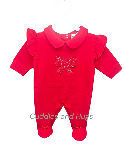 Kleo Red Diamante Bow Italian Fleece Cotton All in One