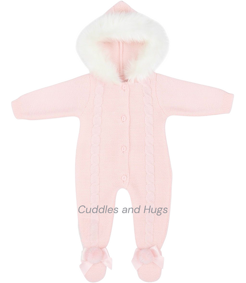 Kleo Baby Girl Pink Knitted Pramsuit with Faux Fur Hood W16P