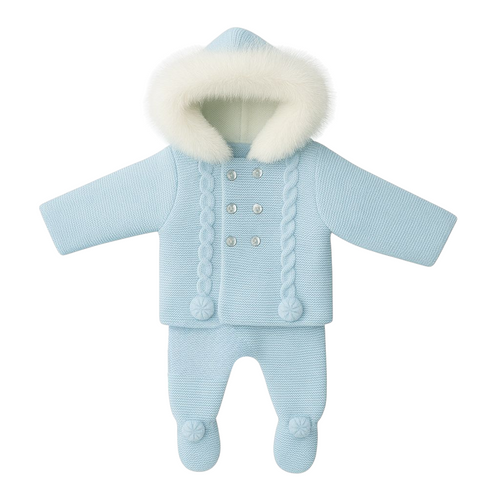 Kleo Baby Boy Blue  Knitted Pramsuit Set with Faux Fur Hood W15B