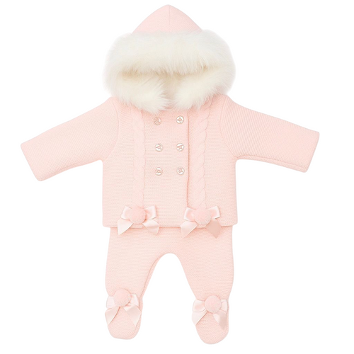 Kleo Baby Girls Pink Knitted Pramsuit Set with Faux Fur Hood W15