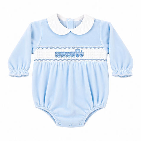 Kleo Blue Train Smocked Velour Romper