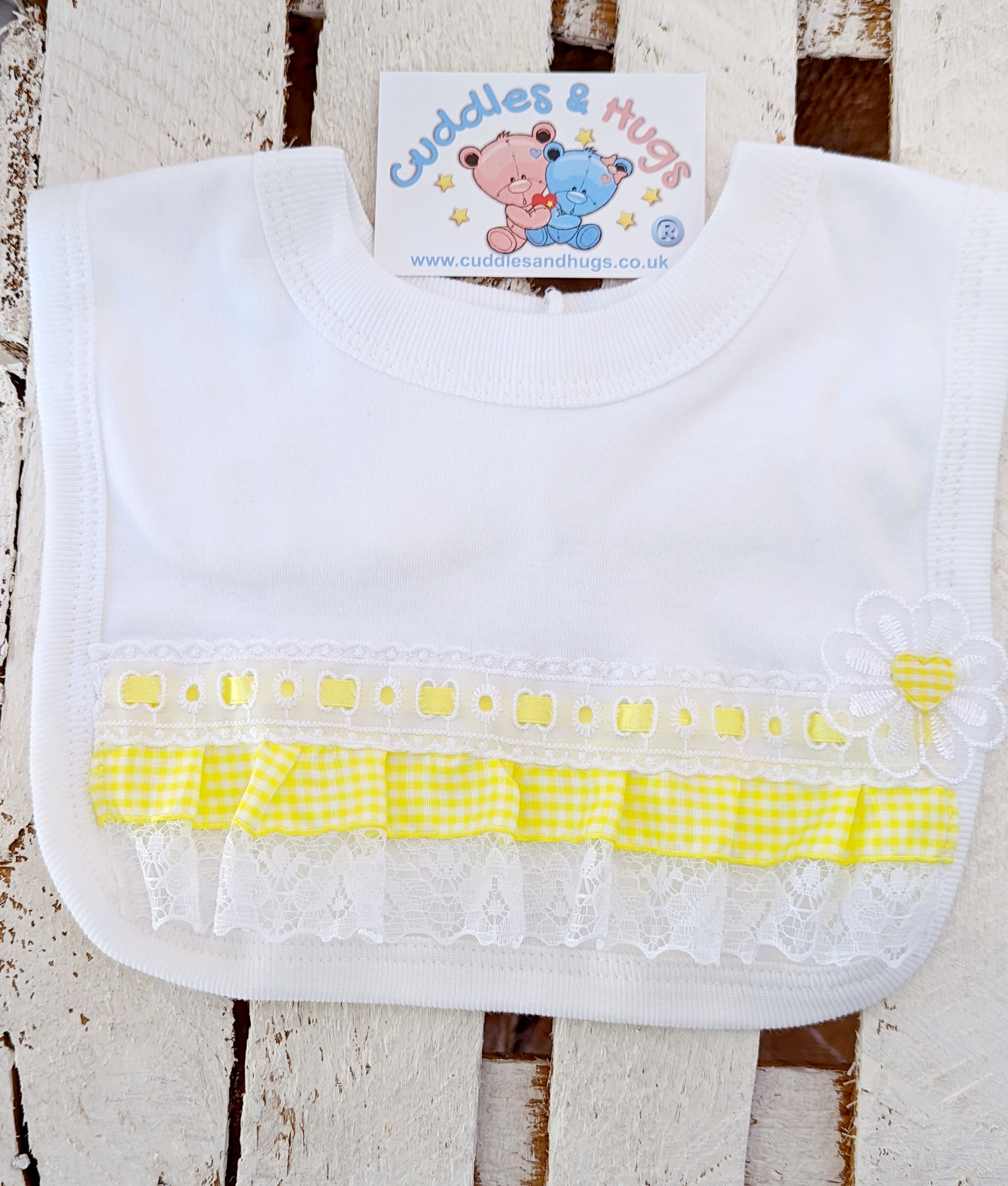 Girls Yellow Gingham and Lace Bib