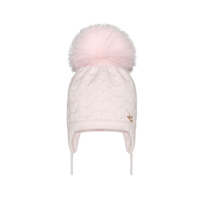 Kinder Boutique Pink Large Pom Chevron Knit Pearl Crown Tie Hat A346P