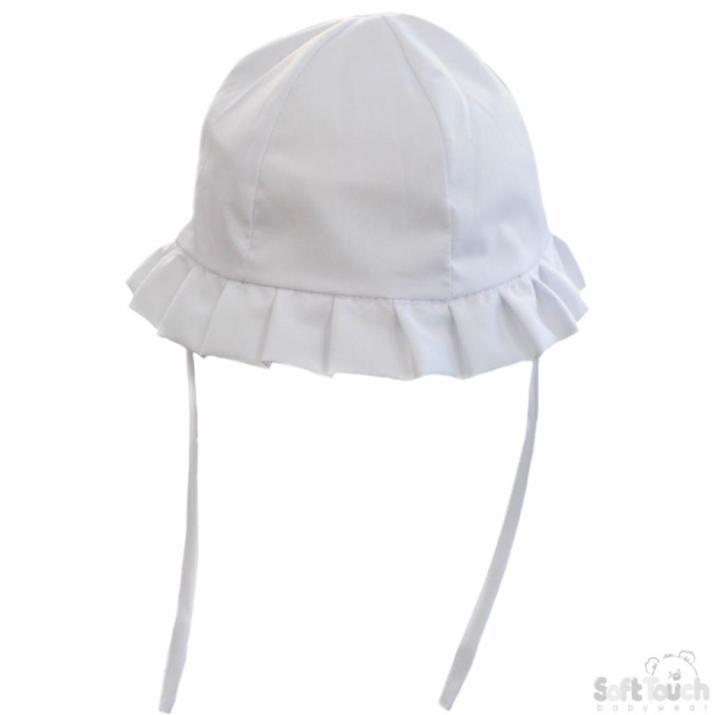Soft Touch White Infants Hat with Frill and Tie