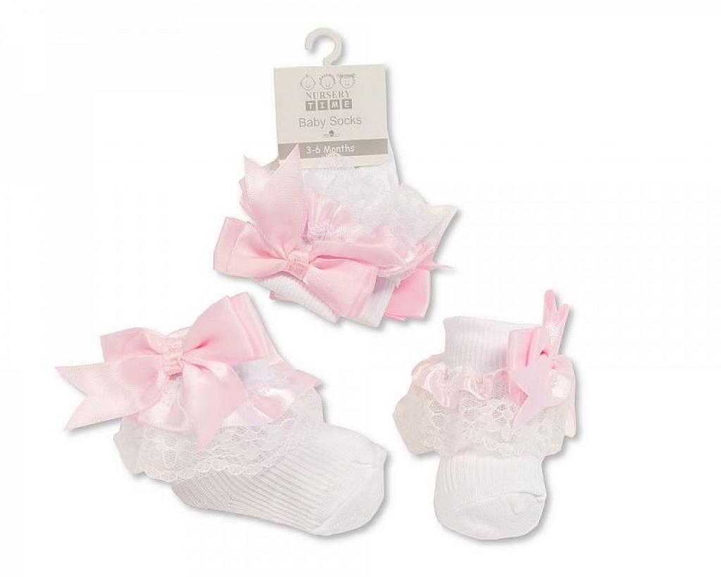 Nursery Time White Frilly Socks with Pink Bow 2220P