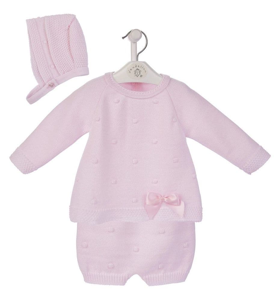 Dandelion Pink Knitted Jumper Pants and Hat with Bow Detail