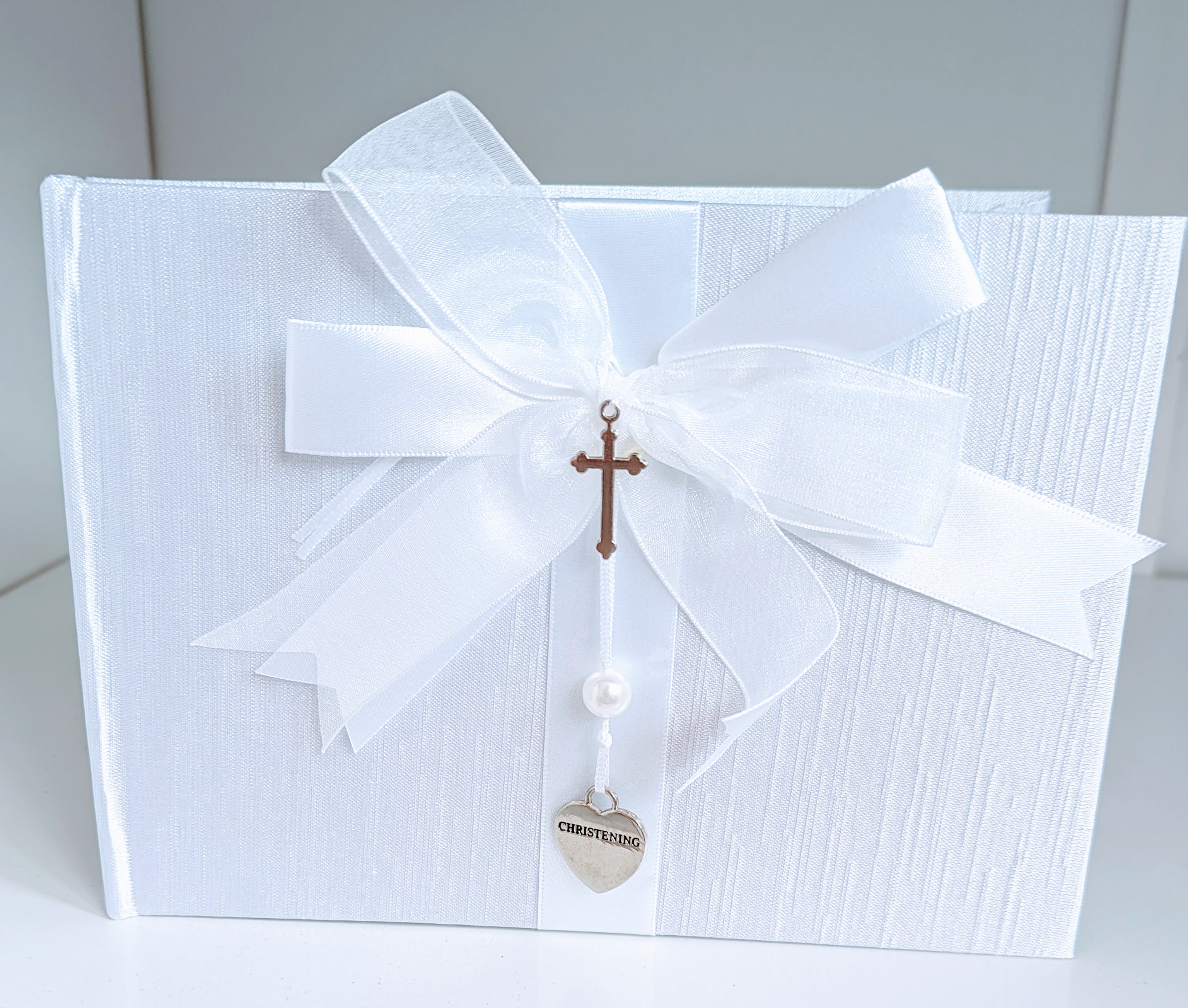 Impressions Christening Book White Satin Detail  with Bow and Charm