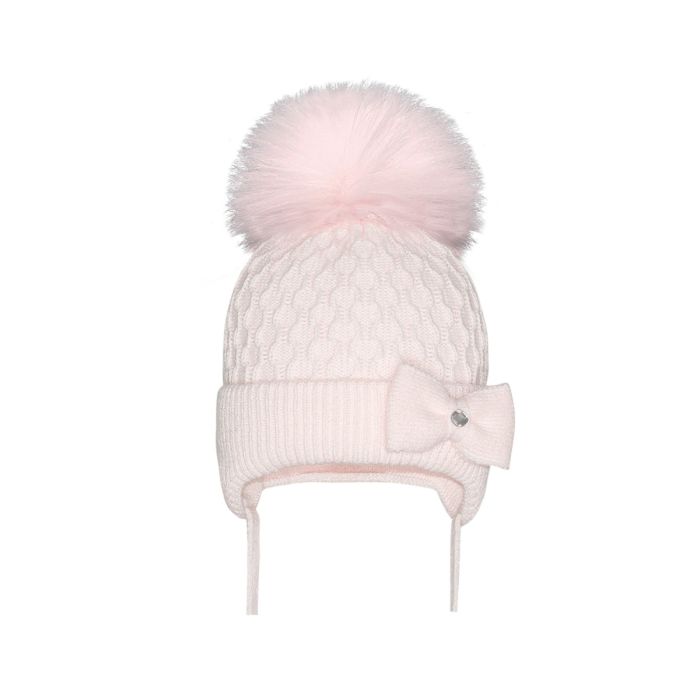 Kinder Boutique Pink Honeycomb Knit Diamante Bow Faux Fur Pom Pom AX310