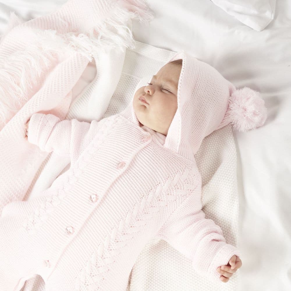 Dandelion Pink Pom Pom Hooded Knitted Pramsuit