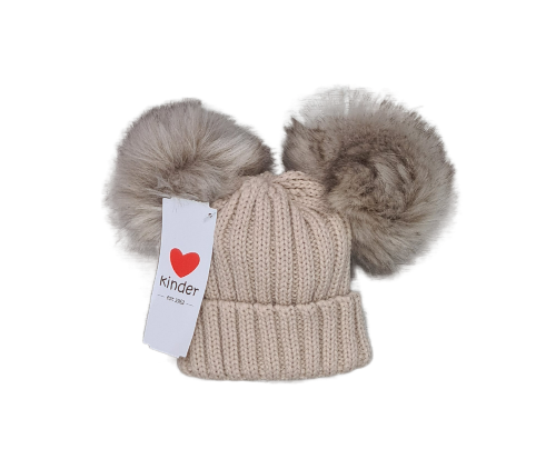 Kinder Ribbed Beige Double Pom Pom Faux Fur KH048BG