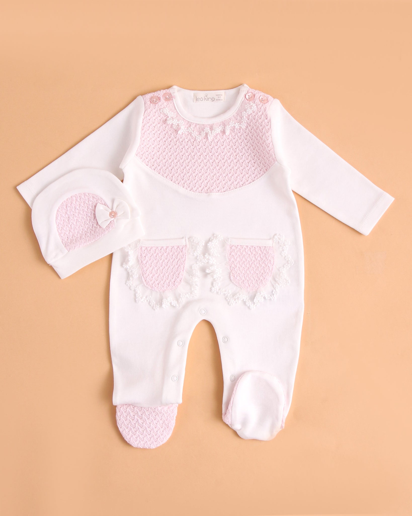 Leoking Cotton White with Pink Babygrow with Hat 12704