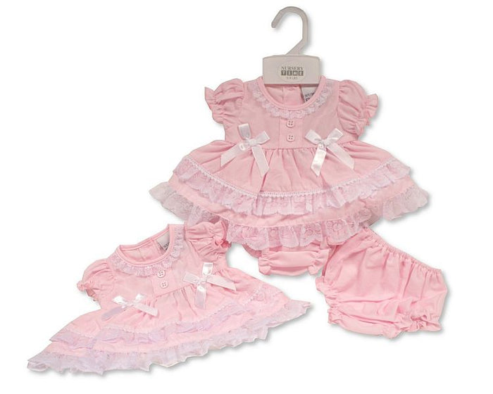Baby Prem Dress Pink with Bows and Lace 20579
