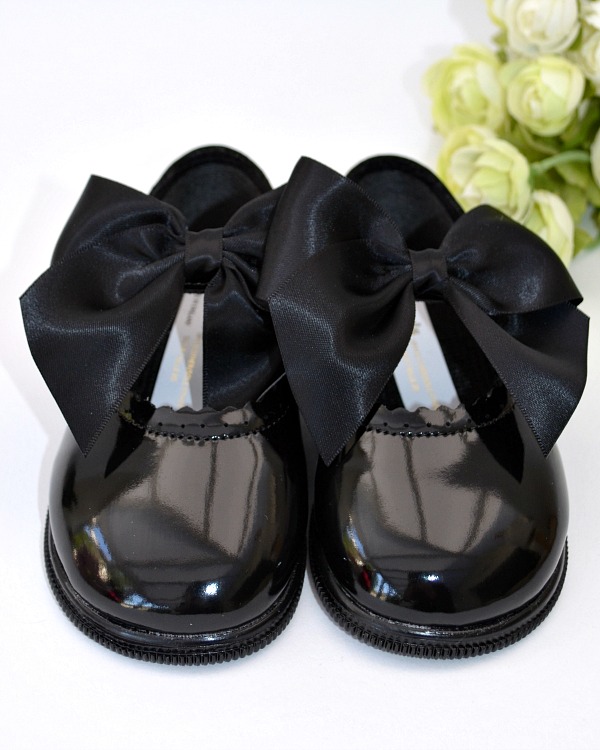 Early Days Black Patent Satin Bow Shoes