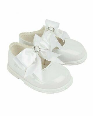 Early Days White Diamante Satin Bow Shoes