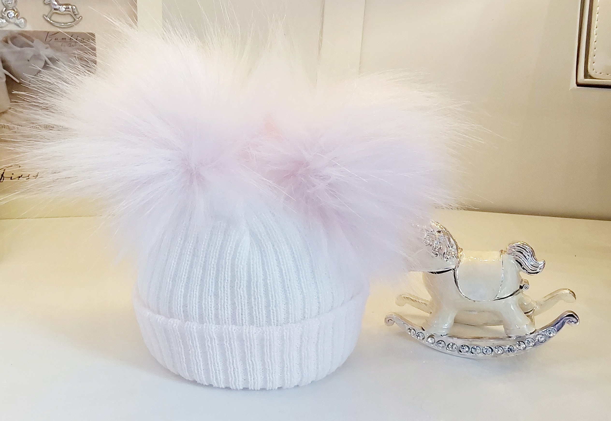 Kinder First Hat White and Pink Stripe Single Pom Pom