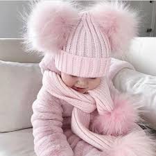 Kinder Boutique Large Poms Faux Fur Knitted Scarf Pink KS050
