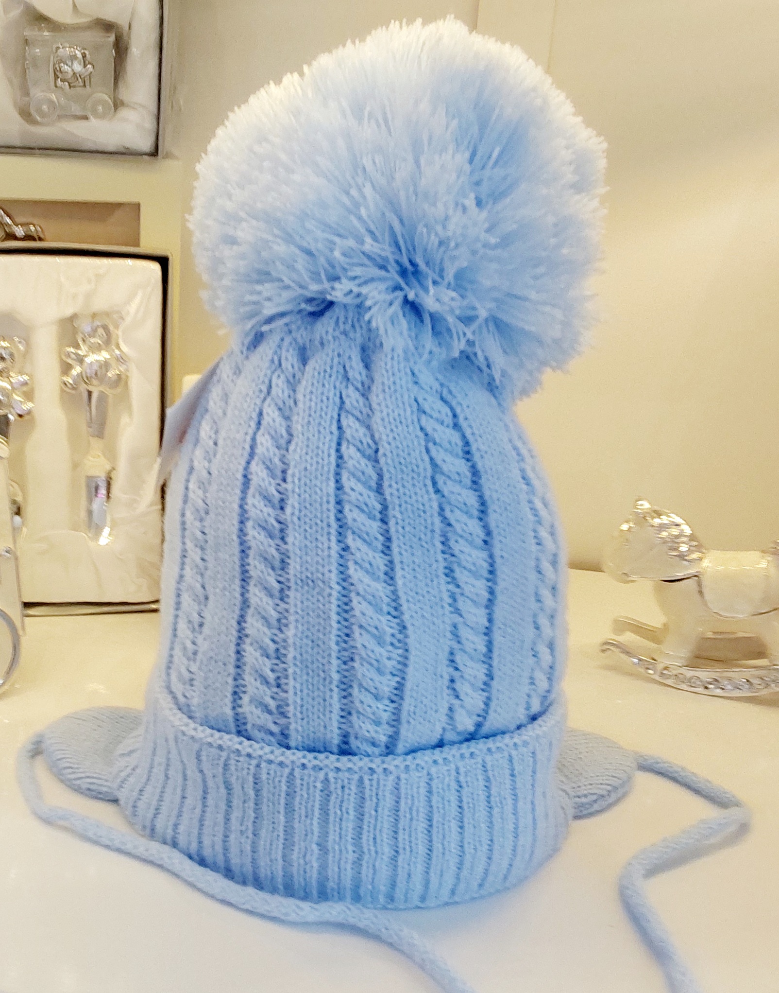 Kinder Blue Cable Knit Single  Pom with Ties KH010