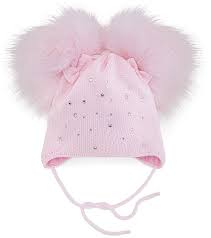 Kinder Boutique Pink Faux Fur Large Poms Diamante & Bows  Hat with Ties KH046P
