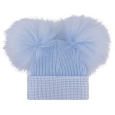 Kinder Blue with White Check Double Pom Pom Hat 1st Size